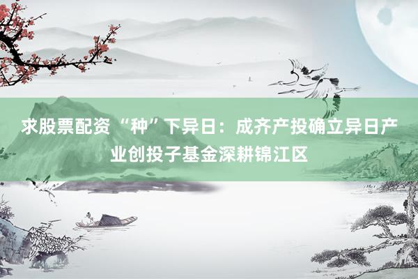 求股票配资 “种”下异日：成齐产投确立异日产业创投子基金深耕锦江区